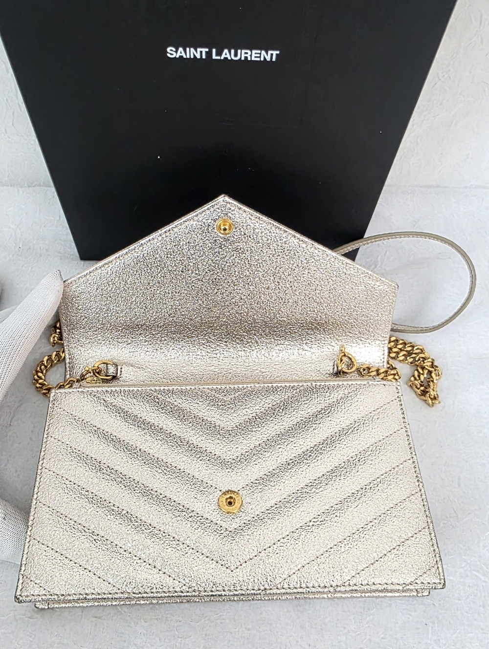 Auth YSL Yves Saint Laurent Grain De Poudre Chevron Envelope Woc - Picture 7 of 11